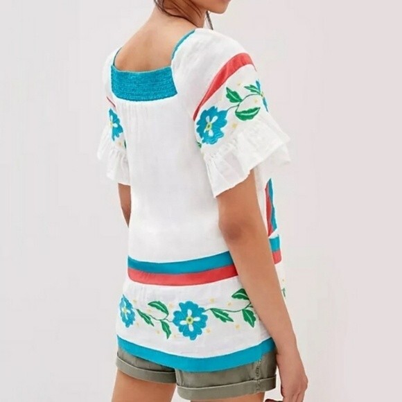 Anthropologie Seen Worn Kept 100% Cotton Embroidered Ruffle Sleeve Tunic/Top - Picture 2 of 15